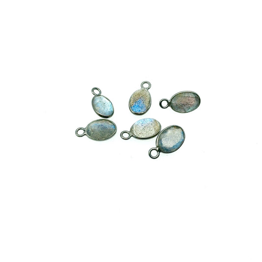 BULK LOT - Pack of Six (6) Gunmetal Sterling Silver Pointed/Cut Stone Faceted Oval Shaped Labradorite Bezel Pendants - Measuring 5mm x 7mm