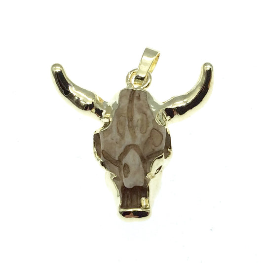 1" Gold Electroplated Open Face Steer Skull Shaped Resin Pendant with Attached Bail - Measuring 25mm x 22mm, Approx - Sold Individually