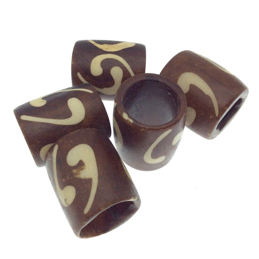 Handcrafted Artistic Barrel Bone Beads | Light Brown with Off White Comma Design | 22mm x 25mm with 15mm hole approx. - Sold in Packs of 5