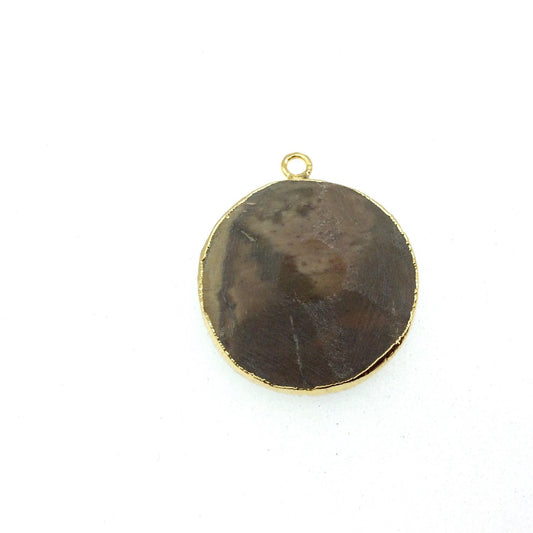 Medium Gold Electroplated Eagle Eye Agate Faceted Round/Coin Shaped Pendant - Measures 30-35mm approx. - Sold Individually, Random