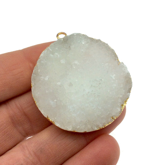Large Gold Electroplated Natural Druzy Agate Faceted Round/Coin Shaped Pendant - Measures 35-40mm approx. - Sold Individually, Random