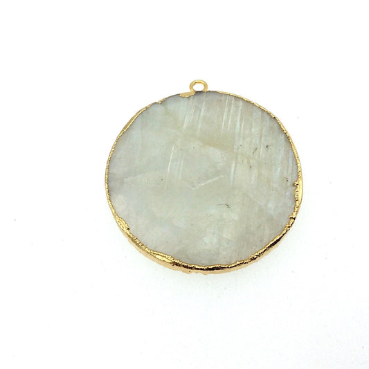 Large Gold Electroplated Natural Gray Moonstone Faceted Round/Coin Shaped Pendant - Measures 35-40mm approx. - Sold Individually, Random