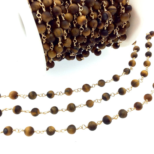 Gold Plated Copper Rosary Chain with 6mm Matte Round Tiger Eye Beads - Sold by the Foot! (CH298-GD) - Semi-Precious Beaded Chain