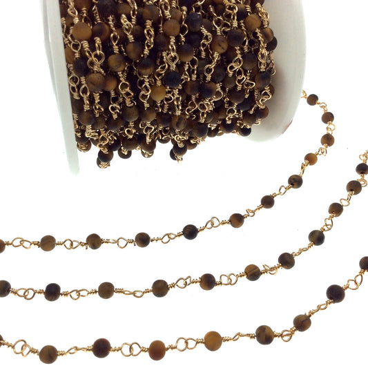 Gold Plated Copper Rosary Chain with 4mm Matte Round Tiger Eye Beads - Sold by the Foot! (CH212-GD) - Semi-Precious Beaded Chain