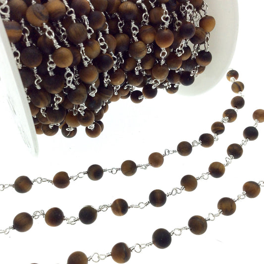 Silver Plated Copper Rosary Chain with 6mm Matte Round Tiger Eye Beads - Sold by the Foot! (CH298-SV) - Natural Semi-Precious Beaded Chain