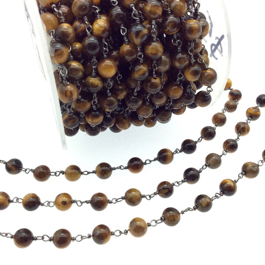 Gunmetal Plated Copper Rosary Chain with 6mm Round Tiger Eye Beads - Sold by the Foot! (CH296-GM) - Natural Semi-Precious Beaded Chain