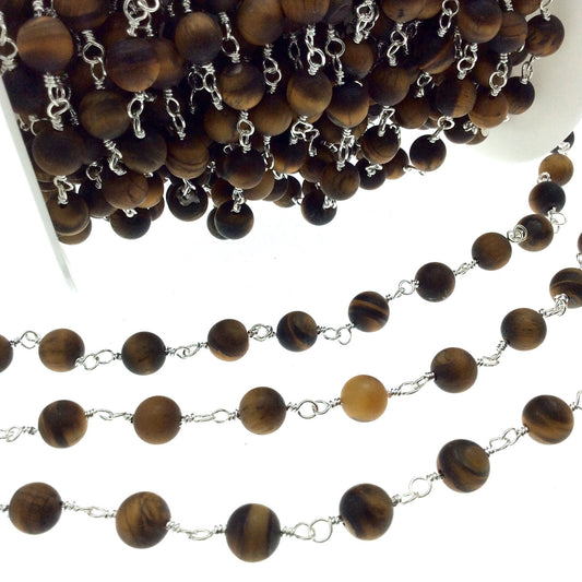 Silver Plated Copper Rosary Chain with 8mm Matte Round Tiger Eye Beads - Sold by the Foot! (CH400-SV) - Natural Semi-Precious Beaded Chain