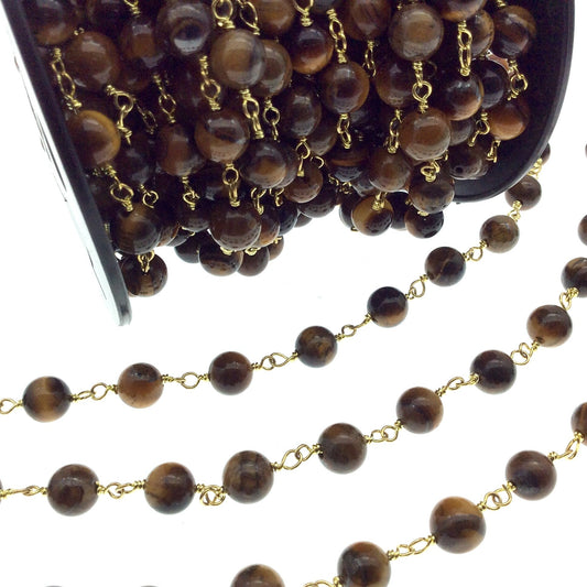 Gold Plated Copper Rosary Chain with 8mm Round Tiger Eye Beads - Sold by the Foot! (CH399-GD) - Natural Semi-Precious Beaded Chain