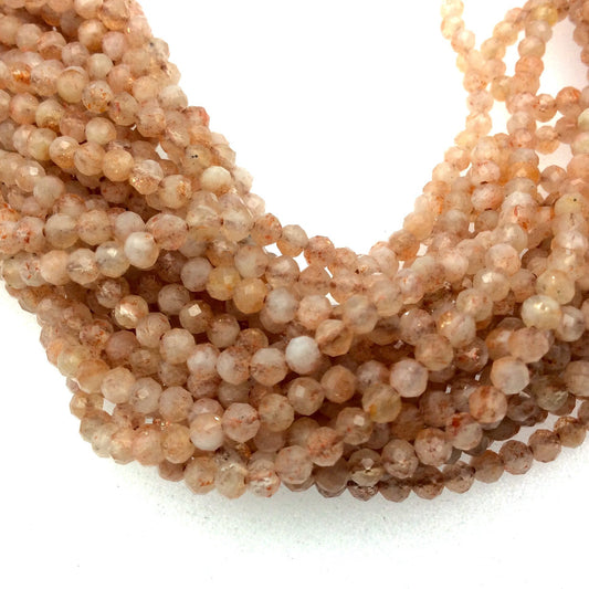 Holiday Special! 3mm x 3mm Faceted Natural Sunstone Round Beads - Sold per 13" Strand (Approx. 107 Beads)