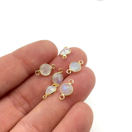 Moonstone 14k Gold Vermeil Bezel Connector - Cut Stone Faceted Round Bracelet Link - 6mm - BULK PACK of Six - Permanent Jewelry Supplies