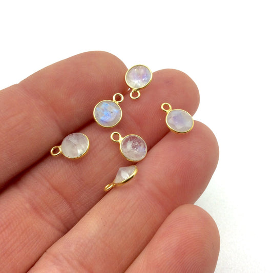 BULK PACK of Six (6) Gold Sterling Silver Pointed/Cut Stone Faceted Round/Coin Shaped Moonstone Bezel Pendants - Measuring 6mm x 6mm