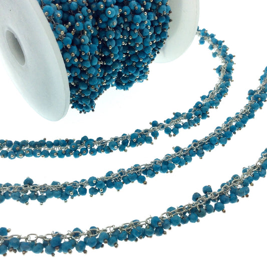 Silver Plated Copper Double Dangle Rosary Chain with 3-4mm Stabilized Turquoise Faceted Round Beads - Sold by the Foot -Natural Beaded Chain