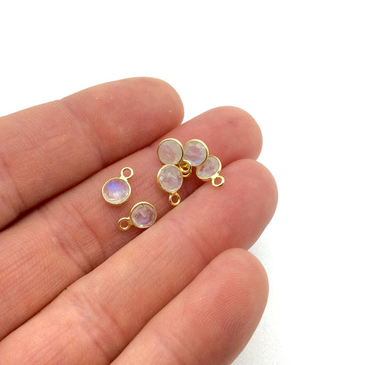 BULK PACK of Six (6) Gold Sterling Silver Pointed/Cut Stone Faceted Round/Coin Shaped Moonstone Bezel Pendants - Measuring 5mm x 5mm
