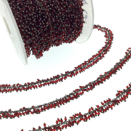 Gunmetal Plated Copper Double Dangle Cable Rosary Chain with 2mm Garnet Round Beads - Sold by 1' Cut Sections or in Bulk!