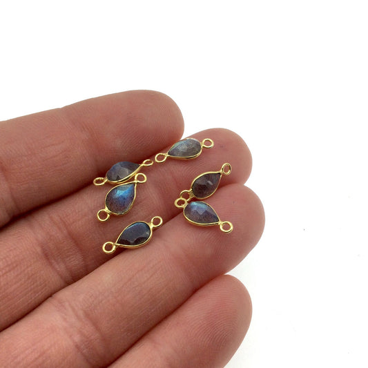 BULK LOT-Pack of Six (6) Gold Sterling Silver Pointed/Cut Stone Faceted Teardrop Shaped Labradorite Bezel Connectors Measuring 5mm x 7mm