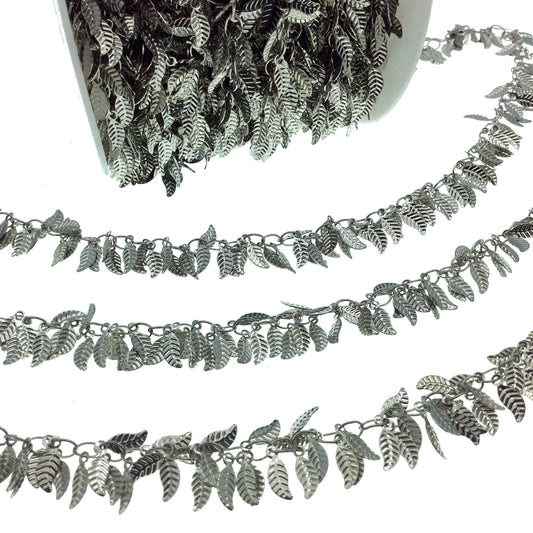 Oxidized Silver Plated Copper Double Dangle Chain with 8mm Textured Leaf Shaped Dangles - Sold by the Foot
