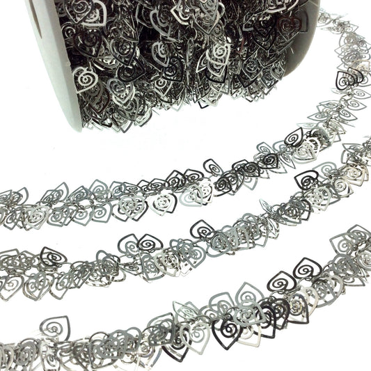 Oxidized Silver Plated Copper Double Dangle Chain with 8mm Spiral Heart Cut Out Shaped Dangles - Sold by the Foot