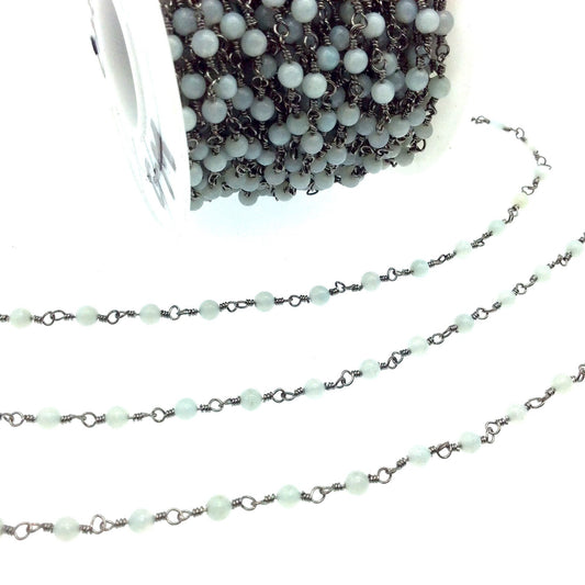 Gunmetal Plated Copper Wrapped Rosary Chain with 3mm Natural Pale Amazonite Round Shaped Beads - Sold by 1' Cut Sections