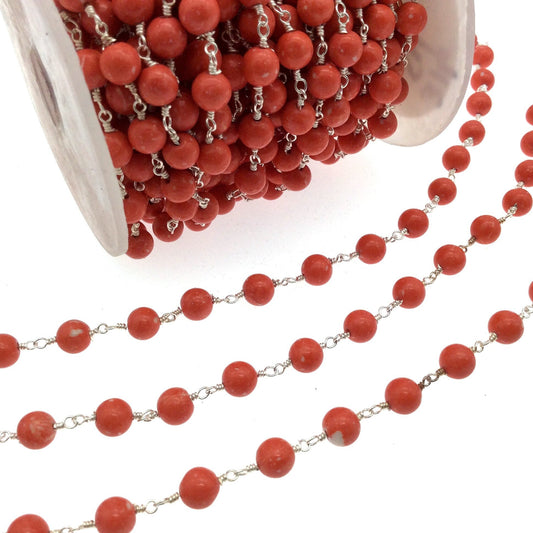 Silver Plated Copper Rosary Chain with 6mm Round Shaped Syn. Coral Beads (CH316-SV)- Sold by the Foot Only - Natural Beaded Chain