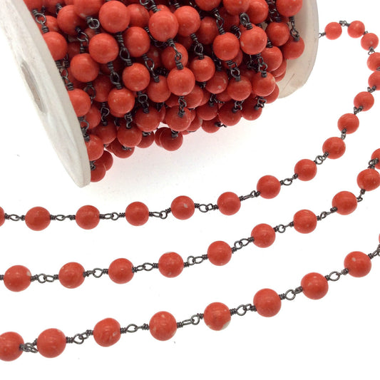 Gunmetal Plated Copper Rosary Chain with 6mm Round Shaped Syn. Coral Beads (CH316-GM)- Sold by the Foot Only - Natural Beaded Chain