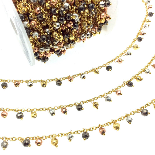 Gold Plated Copper Spaced Single Dangle Wrapped Chain with 4mm Multi Colored Plated Pyrite Rondelle Dangles - Sold by 1 Foot Length!