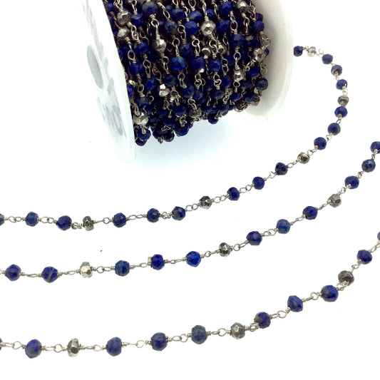 Silver Plated Copper Wrapped Rosary Chain W 3-4mm Faceted Natural Lapis and Metallic Pyrite Rondelle Shape Beads - Sold by 1' Cut Sections