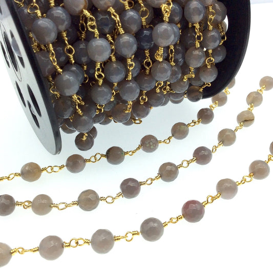 Gold Plated Copper Wrapped Rosary Chain with 8mm Faceted Pinkish Gray Agate Round Shaped Beads - Sold by the foot!