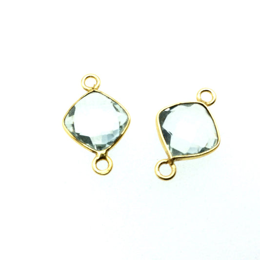 Gold Finish Faceted Diamond Shaped Glacier Green Quartz Bezel Connector (two rings) - Measures 9mm x 9mm - Natural Semi-precious Gemstone