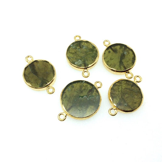 Gold Electroplated Natural Flat Green Vasonite Round/Coin Shaped Connector - 17mm - 21mm Long Approx. - Sold Per Each, Selected at Random