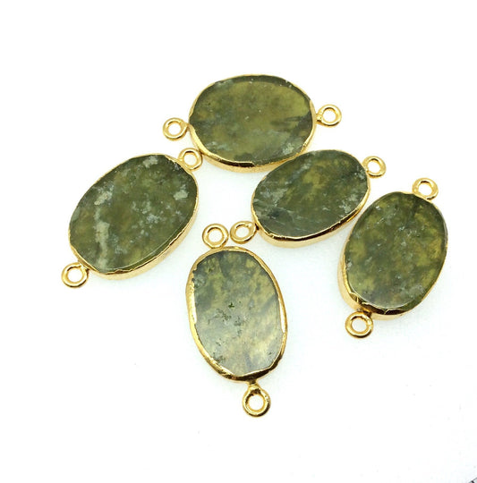 Gold Electroplated Natural Flat Green Vasonite Oval/Oblong Shaped Connector - 20mm - 22mm Long Approx. - Sold Per Each, Selected at Random