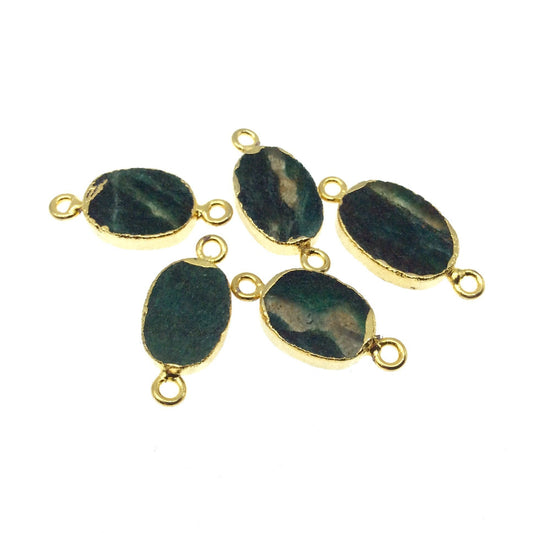 Gold Electroplated Natural Flat Green Aventurine Oval Shaped Connector - 14mm - 16mm Long Approx. - Sold Per Each, Selected at Random