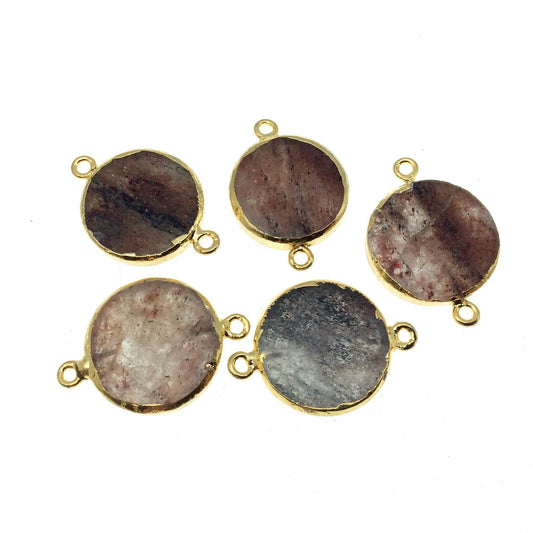 Gold Electroplated Natural Flat Red/Black Rutilated Quartz Coin Shape Connector - ~ 18mm - 20mm Long - Sold Per Each, Selected at Random