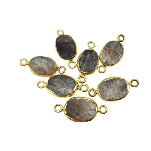 Gold Electroplated Natural Flat Red/Black Rutilated Quartz Oval Shape Connector - ~ 13mm - 15mm Long - Sold Per Each, Selected at Random