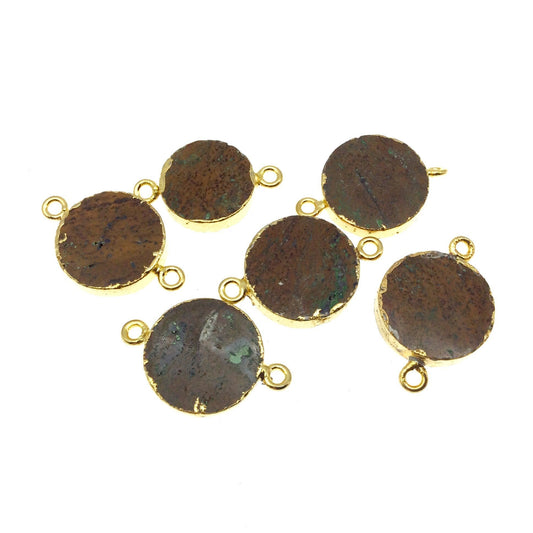 Gold Electroplated Natural Flat Yellow Jasper Round/Coin Shaped Connector - 15mm - 18mm Long Approx. - Sold Per Each, Selected at Random