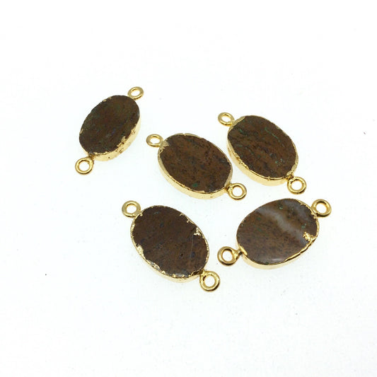 Gold Electroplated Natural Flat Yellow Jasper Oval Shaped Connector - 17mm - 19mm Long Approx. - Sold Per Each, Selected at Random