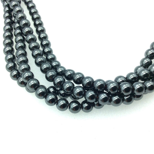 5mm Glossy Finish Natural Smoot Hematite Round/Ball Shaped Beads with 1mm Holes - Sold by 16" Strands (Approx. 83 Beads)