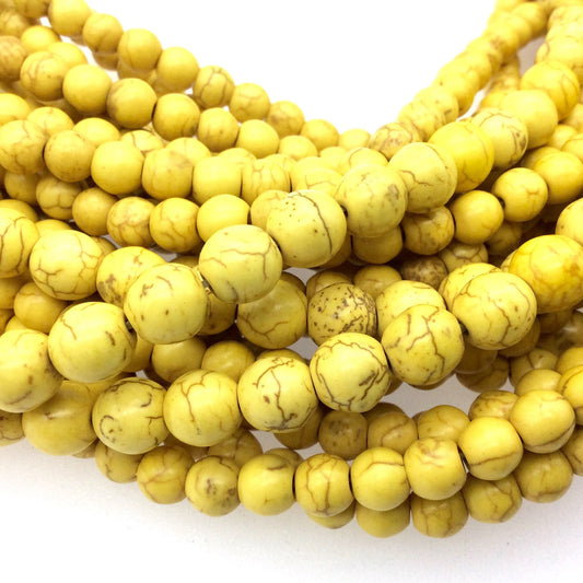 6mm Smooth Dyed Bright Yellow Howlite Round/Ball Shaped Beads with 1mm Holes - Sold by 16" Strands (Approx. 69 Beads) - Quality Gemstone
