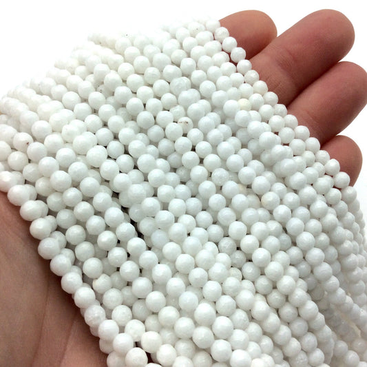 4mm Faceted Dyed Opaque White Natural Jade Round/Ball Shaped Beads - Sold by 14.5" Strands (Approx. 90 Beads) - Semi-Precious Gemstone