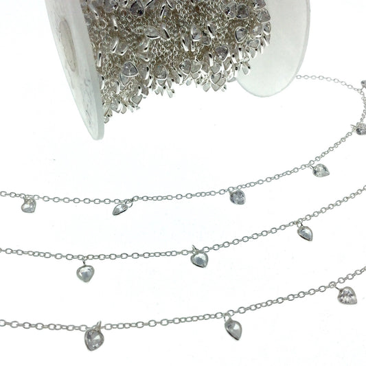 Sterling Silver Bezel Dangle Rosary Chain with 4mm Cut Stone Flat Back Cubic Zirconia Heart Dangles - Sold by the Foot