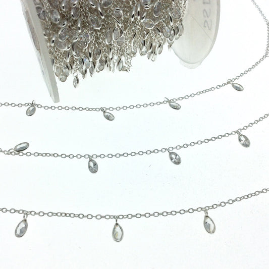 Sterling Silver Bezel Dangle Rosary Chain with 4mm Cut Stone Flat Back Cubic Zirconia Oval Dangles - Sold by the Foot