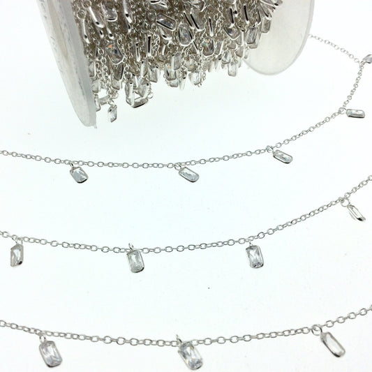 Sterling Silver Bezel Dangle Rosary Chain with 4mm Cut Stone Flat Back Cubic Zirconia Rectangle Dangles - Sold by the Foot