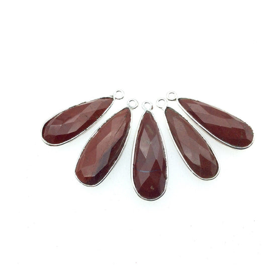 Silver Finish Faceted Red Jasper Long Teardrop Shaped Bezel Pendant - Measuring 10mm x 25mm - Natural Semi-precious Gemstone