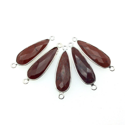 Silver Finish Faceted Red Jasper Long Teardrop Shaped Bezel Connector Component - Measuring 10mm x 25mm - Natural Semi-precious Gemstone