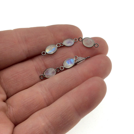 BULK PACK of Six (6) Gunmetal Sterling silver Pointed/Cut Stone Faceted Oval/Oblong Shaped Moonstone Bezel Connectors - Measuring 5mm x 7mm