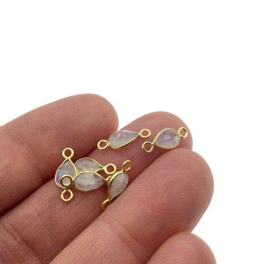 BULK PACK of Six (6) Vermeil Gold Pointed/Cut Stone Faceted Teardrop/Pear Shaped Moonstone Bezel Connectors - Measuring 4mm x 6mm