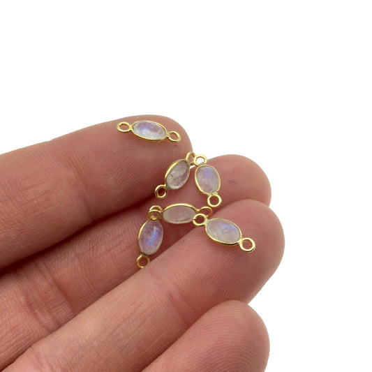 BULK PACK of Six (6) Vermeil Gold Pointed/Cut Stone Faceted Oval/Oblong Shaped Moonstone Bezel connectors - Measuring 4mm x 6mm