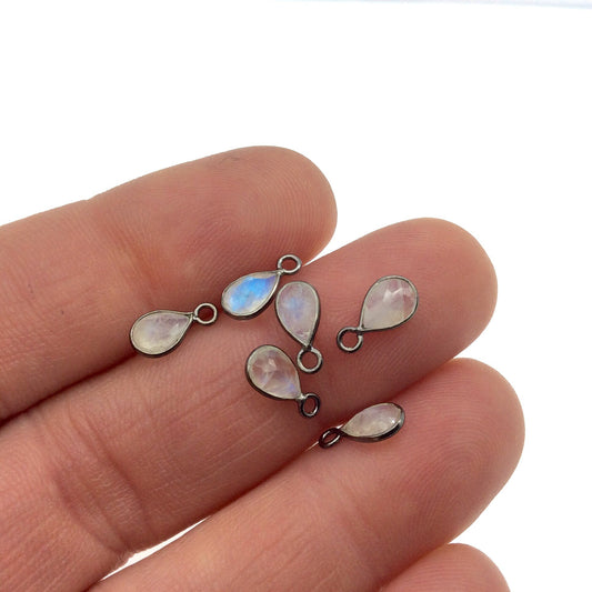 Moonstone Bezel | BULK PACK of Six (6) Gunmetal Sterling Silver Pointed Cut Stone Faceted Teardrop Pear Shaped Pendants -Measuring 4mm x 6mm