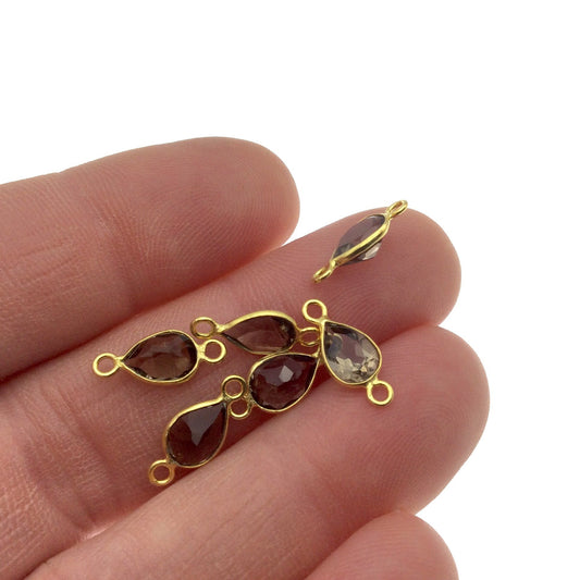 BULK LOT - Pack of Six (6) Gold Sterling Silver Pointed/Cut Stone Faceted Teardrop Shaped Smoky Quartz Bezel Connectors -Measuring 5mm x 7mm