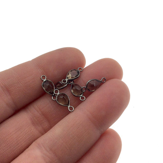 BULK LOT -Pack of Six (6) Gunmetal sterling silver Pointed/Cut Stone Faceted Teardrop Shaped Smoky Quartz Bezel Connector Measures 5mm x7mm
