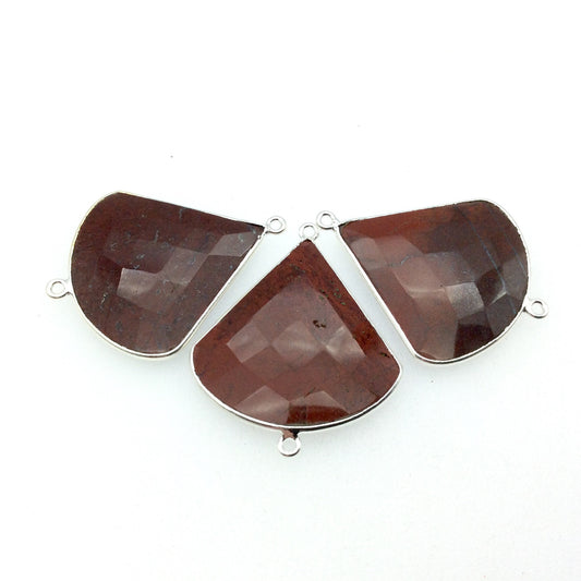 Silver Finish Faceted Red Jasper Fan Shaped Bezel Connector Component - Measuring 30mm x 30mm - Natural Semi-precious Gemstone